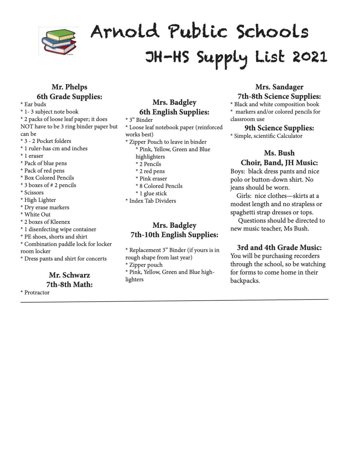 School Supply Lists 20212022 Arnold Public Schools