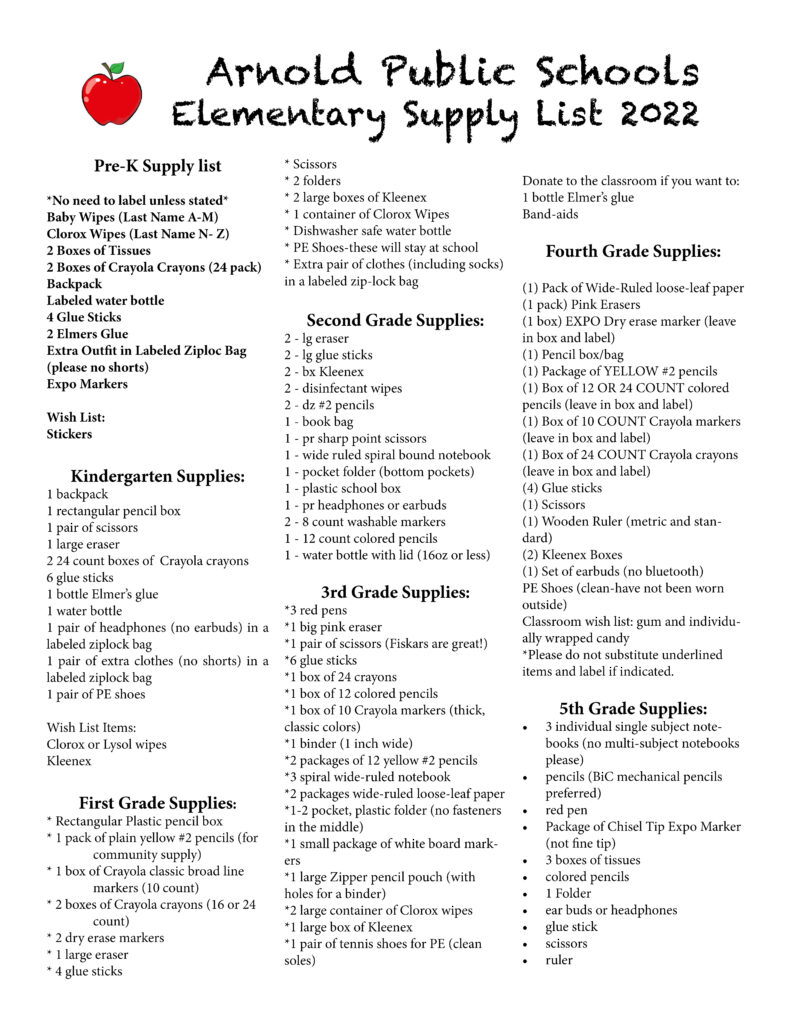 2022 School Supply Lists Arnold Public Schools